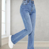 Light Blue Casual Bootcut Jeans, Mid-Stretch Slant Pockets High Waist Denim Pants, Women's Denim Jeans & Clothing