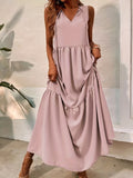 kkboxly  Drawstring Ruched Dress, Casual V Neck Sleeveless Maxi Dress, Women's Clothing