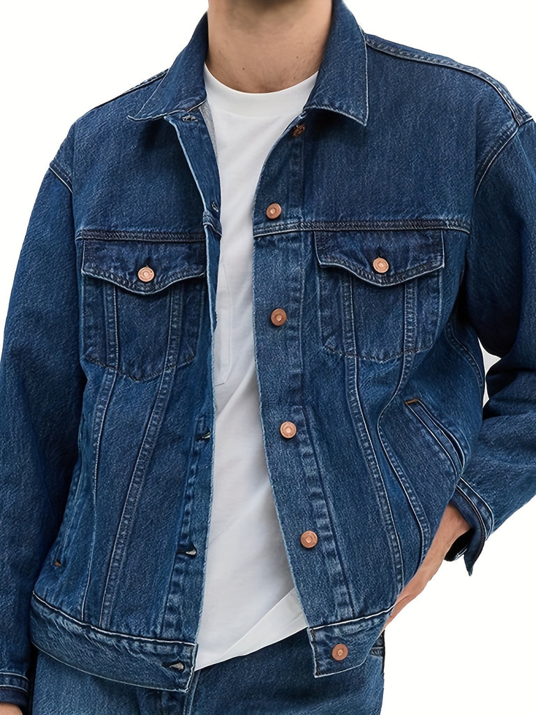 kkboxly  Classic Design Denim Jacket, Men's Casual Street Style Lapel Button Up Contrast Stitching Denim Jackets For Spring Fall