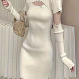 kkboxly  Cut Out Bodycon Knit Dress, Chic Crew Neck Short Sleeve Mini Dress With Arm Sleeve, Women's Clothing