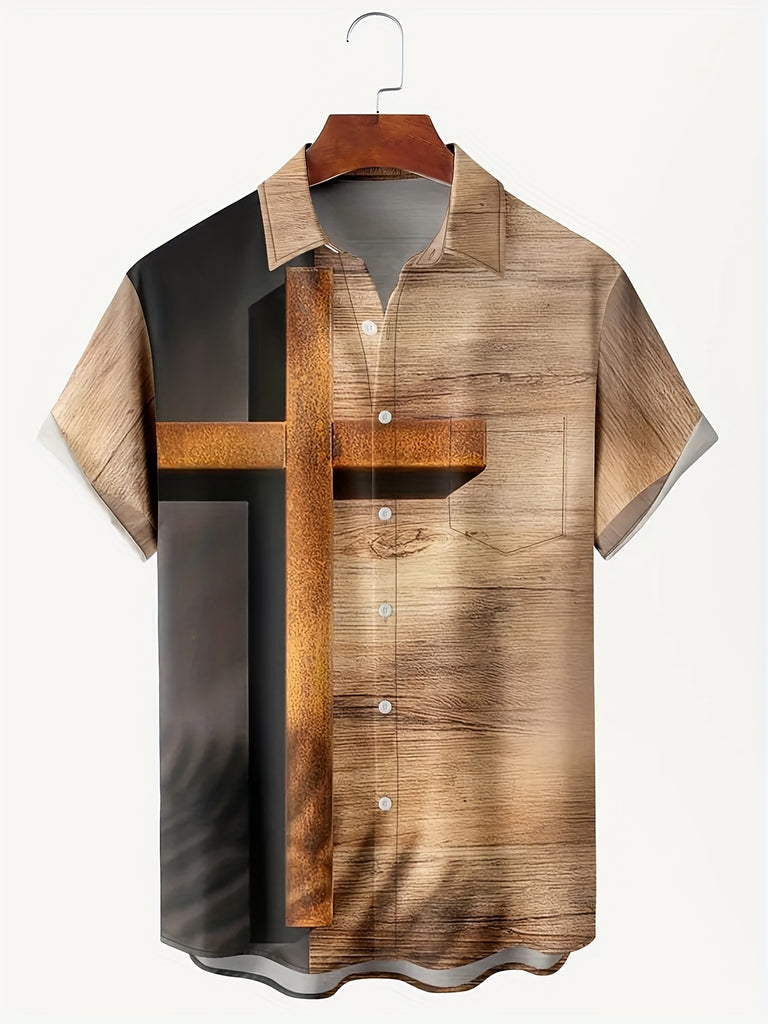 kkboxly  Cross Print Men's Casual Short Sleeve Shirt With Chest Pocket, Men's Shirt For Summer Vacation Resort, Tops For Men, Gift For Men