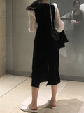 kkboxly  Color Block Lantern Sleeve Panel Dress, Chic Square Neck Split Hem Dress, Women's Clothing