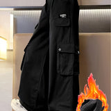 kkboxly  Girls' Thermal Warm Winter Wide-leg Cargo Pants, Casual Street Wear Straight Trousers With Multi-pockets