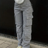 kkboxly  Wide Legs Baggy Cargo Pants With Flap Pockets, Girl's Y2K Style Jeans, Y2K Kpop Vintage Style Women's Clothing & Denim
