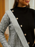 kkboxly  Two-tone Mock Neck Pullover Sweater, Casual Button Front Long Sleeve Sweater, Women's Clothing