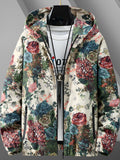 kkboxly  Men's Floral Print Hooded Jacket, Casual Trendy Zip Uo Hoodie For Spring Fall