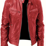 kkboxly  Zipper Pockets PU Jacket, Men's Casual Solid Color Zip Up Stand Collar Faux Leather Jacket For Spring Fall