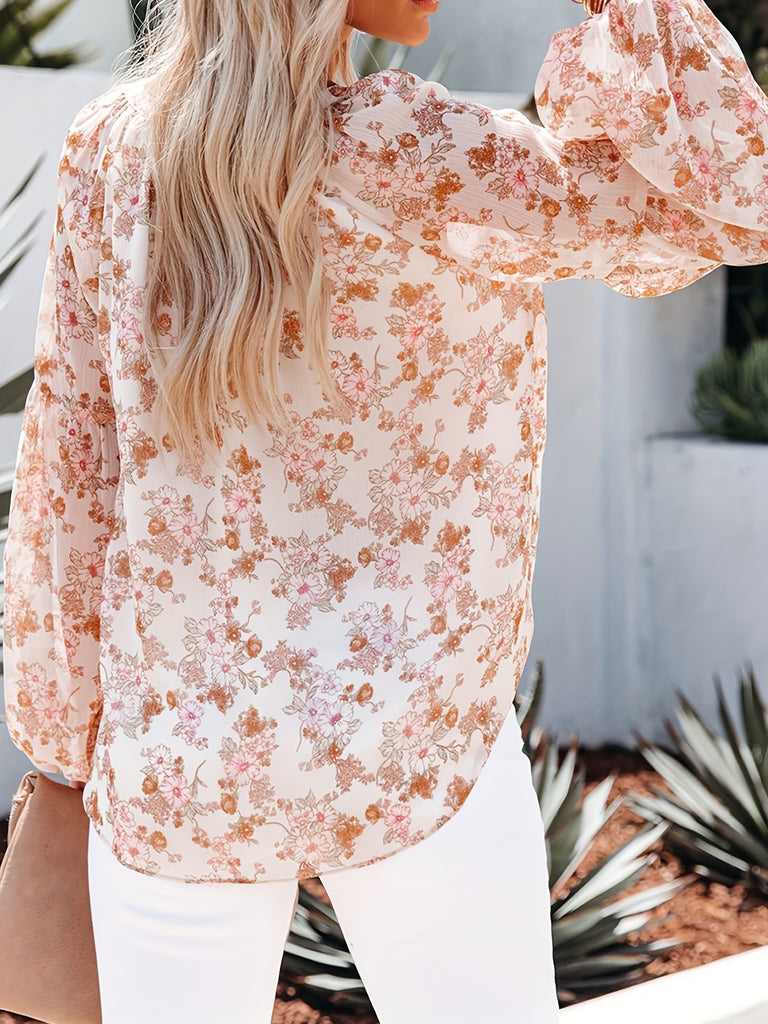 kkboxly   Floral Print Long Sleeve Blouse, V Neck Random Print Casual Top, Women's Clothing