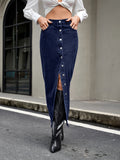kkboxly  Single Breasted Button Split Denim Midi Skirt, Slant Pockets Non-Stretch Denim Skirt, Women's Denim Clothing