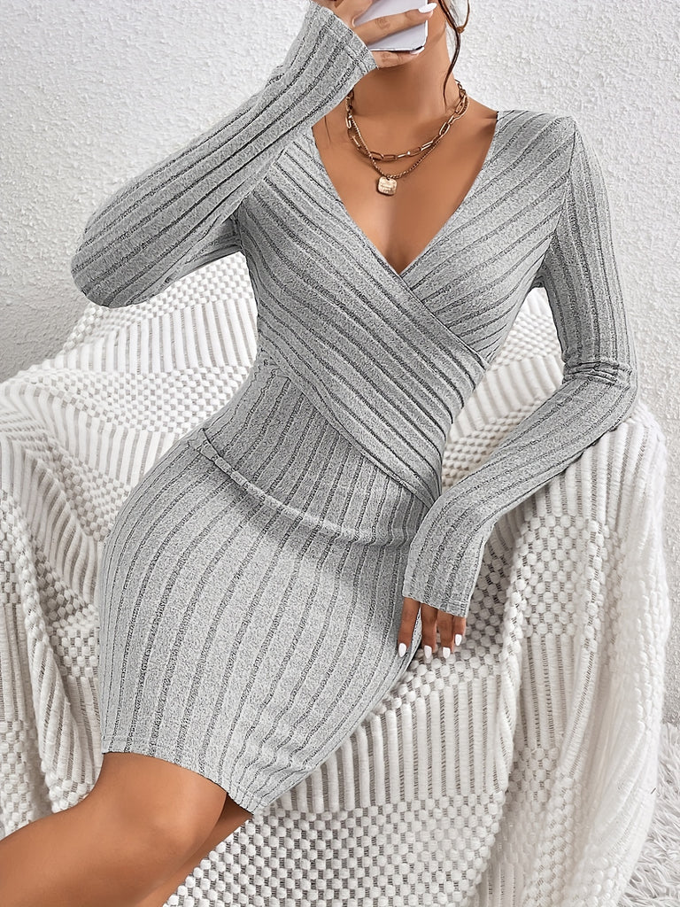 kkboxly  Rib Knit Sweater Dress, Sexy Solid Long Sleeve Bodycon Dress, Women's Clothing