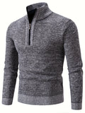 kkboxly  Men's Trendy Solid Knitted Pullover, Casual Slightly Stretch Breathable Turtle Neck Zip Up Long Sleeve Top For Outdoor Fall Winter