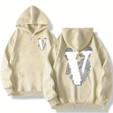 kkboxly  Big Letter V Print Trendy Sweatshirt, Men's Casual Graphic Design Slightly Stretch Crew Neck Pullover Sweatshirt For Autumn Winter