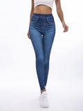kkboxly  Stylish Denim Print Skinny Stretchy Leggings, Fashion High Waist Lifting Yoga Leggings, Women's Clothing