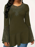 Solid Contrast Lace Crew Neck Asymmetrical Hem T-shirt, Elegant Long Flare Sleeve T-shirt, Women's Clothing
