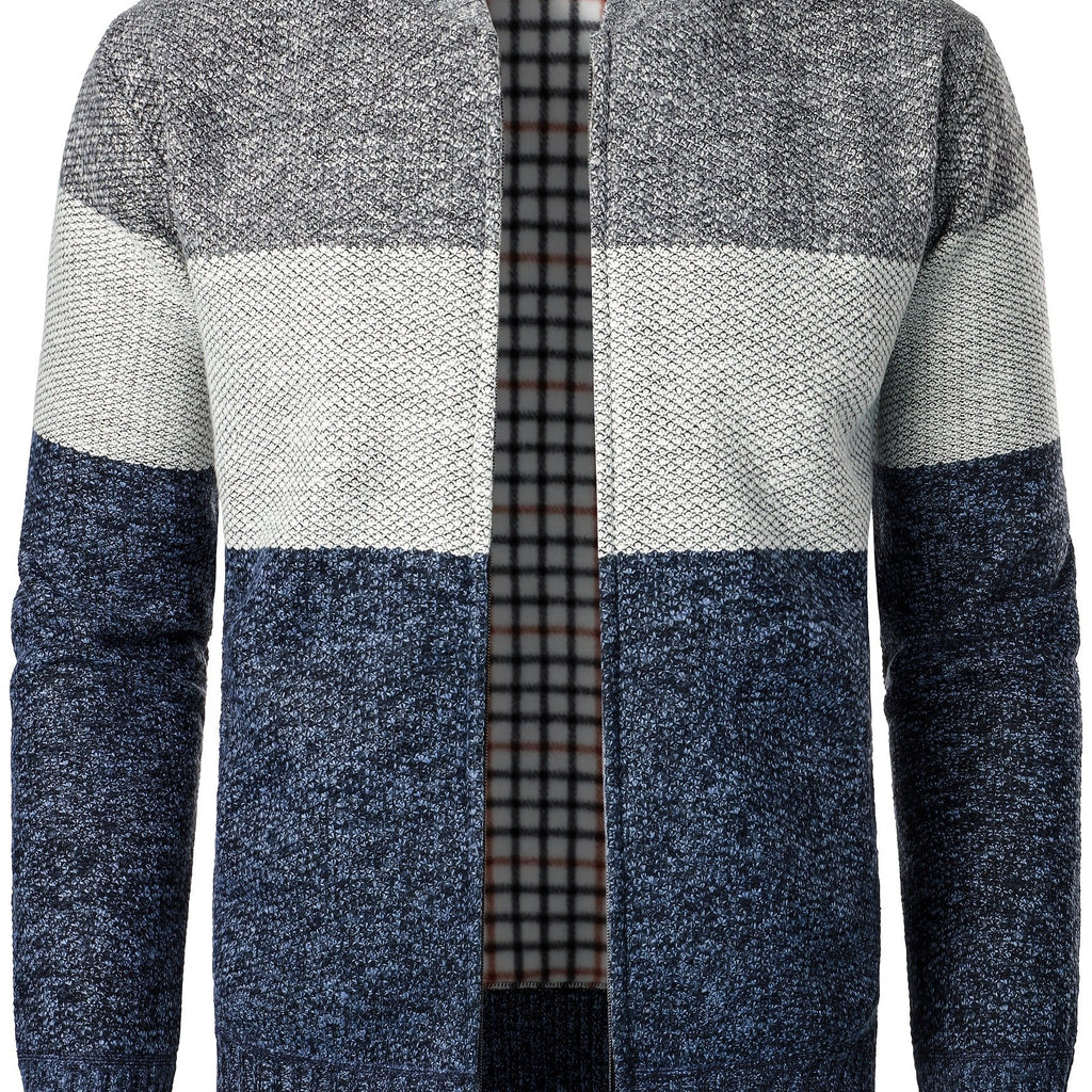 Men's Blocking Color Jacket Sweater For Spring & Autumn, Casual Chic Knit Cardigan For Big & Tall Males, Plus Size