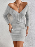 kkboxly  Rib Knit Sweater Dress, Sexy Solid Long Sleeve Bodycon Dress, Women's Clothing