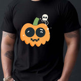 kkboxly Spooky Halloween Theme Print Tees For Men, Casual Crew Neck Short Sleeve T-Shirt, Comfortable Breathable T-shirt