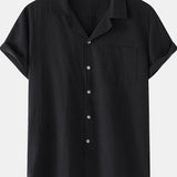 kkboxly  Mens Casual Non-Stretch Turndown Collar Short Sleeve Flax T Shirt, Male Clothes For Summer