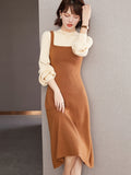 kkboxly  2 In 1 Tank Dress With Blouse, Elegant Mock Neck Lantern Long Sleeve Knitted Dress, Women's Clothing