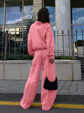 kkboxly  Casual Solid Two-piece Set, Zipper Front Long Sleeve Top & Slant Pocket Wide Leg Pants Outfits, Women's Clothing