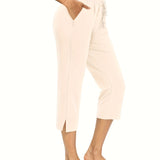 kkboxly  Minimalist Split Hem Cropped Pants, Casual Solid Drawstring Elastic Waist Simple Pants, Women's Clothing