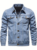 kkboxly  Men's Chic Washed Denim Jacket, Casual Street Style Button Up Contrast Stitching Jacket For Fall Winter