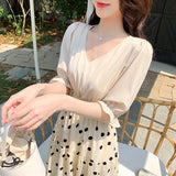 kkboxly  Polka Dot Tiered Maxi Dress, Half Sleeve V Neck Random Print Casual Dress, Women's Clothing