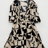 kkboxly  Geometric Print Ruched Dress, Casual Plunging Puff Sleeve Dress For Spring & Summer, Women's Clothing