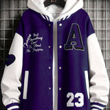 kkboxly  Men's Stand Collar Casual Loose Sports Jacket Color Block "A" Letter Embroidery Button Pocket Coat Top Clothes