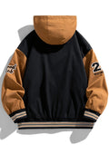 kkboxly Men's Casual Fake Two-piece Jacket, Chic Letter Embroidery Hooded Varsity Jacket