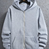 kkboxly  Regular Solid Color Men's Hooded Sweatshirt Casual Long Sleeve Hoodies With Full Zip Up, Men's Casual Zipper Hooded Jacket