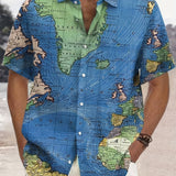 kkboxly  Plus Size Men's Hawaiian Shirts For Beach, Comfy Full Retro Map Printed Short Sleeve Aloha Shirts, Oversized Casual Loose Tops For Summer