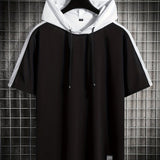kkboxly  Thin Material, Men's Black And White Casual Short Sleeve Hooded T-shirt