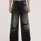 kkboxly  Men's Street Ripped Pants Design Sense Black Jeans, Male's Handsome Trend Loose Straight Pants