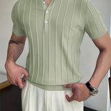 Vertical Striped Chic Shirt, Men's Casual Solid Color High Stretch V-Neck Pullover Sweater For Summer