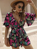 kkboxly  Boho Floral Print Belted Jumpsuit, Flutter Sleeve Deep V Neck Casual Jumpsuit For Summer & Spring, Women's Clothing