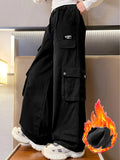 kkboxly  Girls' Thermal Warm Winter Wide-leg Cargo Pants, Casual Street Wear Straight Trousers With Multi-pockets