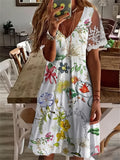 Kkboxly  Lace Contrast V-neck Floral Print Dress, Elegant Short Sleeve Loose Summer Beach Sundress Dresses, Women's Clothing