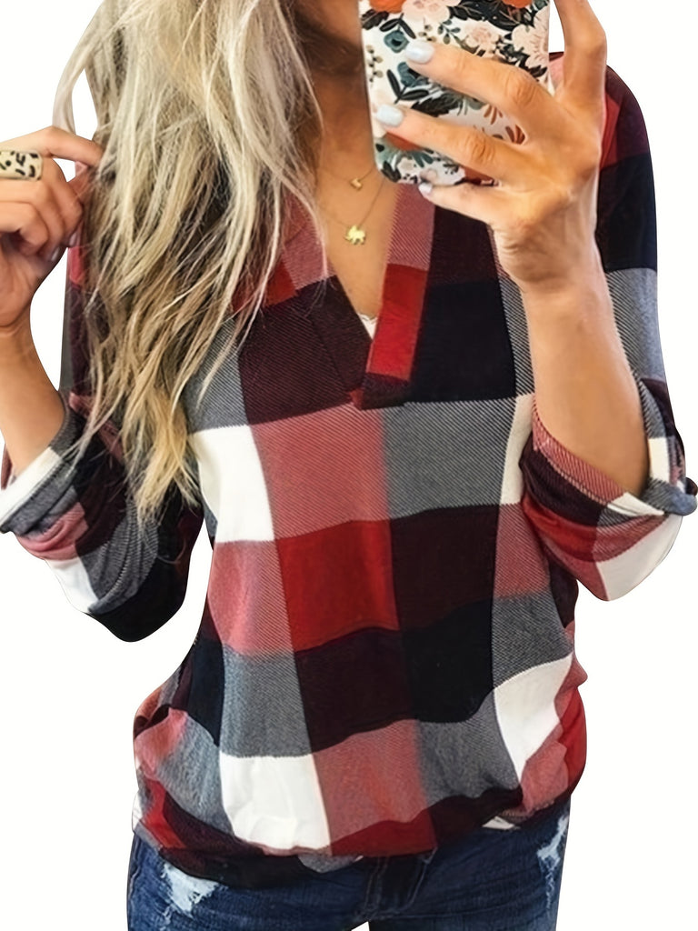 kkboxly  Plaid V Neck Blouse, Casual Long Sleeve Blouse For Spring & Fall, Women's Clothing