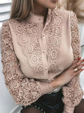 kkboxly Women's Blouse Lace Crochet Lapel Button Flare Sleeve Elegant Top Blouse