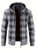 kkboxly  All Match Knitted Plaid Hooded Cardigan Jacket, Men's Casual Warm Slightly Stretch Zip Up Jacket Coat For Fall Winter