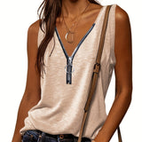 kkboxly  Casual V-neck Zipper Cami Top, Solid Fashion Sleeveless Loose Summer Fit Tank Top, Women's Clothing