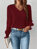 2025 kkboxly  Solid Striped Blouse, Casual Shirred V Neck Long Sleeve Blouse, Women's Clothing