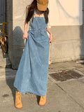 kkboxly  Blue Raw Hem Denim Overall Dress, Non-Stretch Loose Fit Split Denim Overall Dress, Women's Denim Clothing