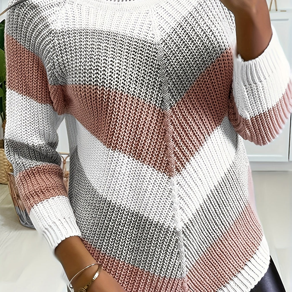 Striped Pattern Crew Neck Pullover Sweater, Casual Long Sleeve Sweater For Fall & Winter, Women's Clothing