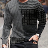 kkboxly Color Block Men's Long Sleeve Vintage Novelty T-shirt, Stylish Tees For Autumn, Mens Clothing