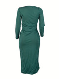 kkboxly  Solid Twist Dress, Sexy V Neck Split Hem Long Sleeve Party Dress, Women's Clothing