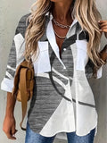 kkboxly  Plus Size Casual Blouse, Women's Plus Colorblock Geometric Print Button Up Turn Down Collar Blouse