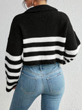 kkboxly  Striped Zip Turndown Collar Crop Sweater, Casual Long Sleeve Drop Shoulder Sweater, Women's Clothing