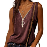 kkboxly  Casual V-neck Zipper Cami Top, Solid Fashion Sleeveless Loose Summer Fit Tank Top, Women's Clothing
